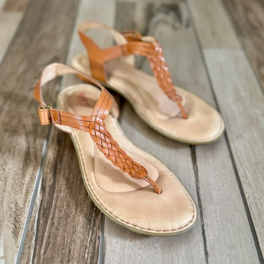 Born Tan Braided Leather T-Strap Sandals